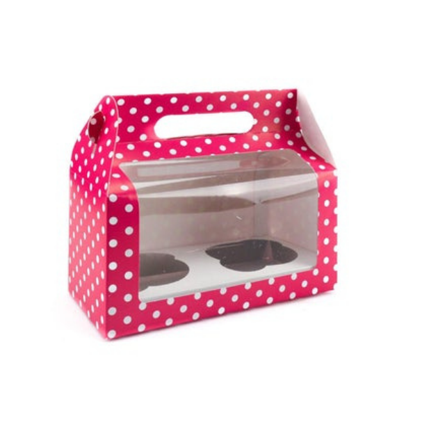 Gift Box with Handles Windowed  with Recycled Material -Pink or PolkaDot Color